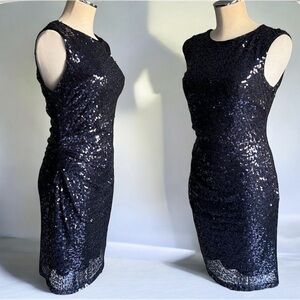 XSCAPE By Joanna Chen Mini Dress Sz 6 All Over Sequin Cut Out Back Black Navy